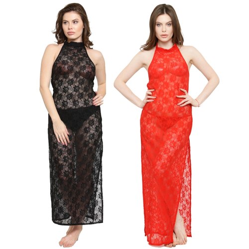 Red | Black Polyester Sheer Front Slit Bridal Nightgown Nightwear With G-String