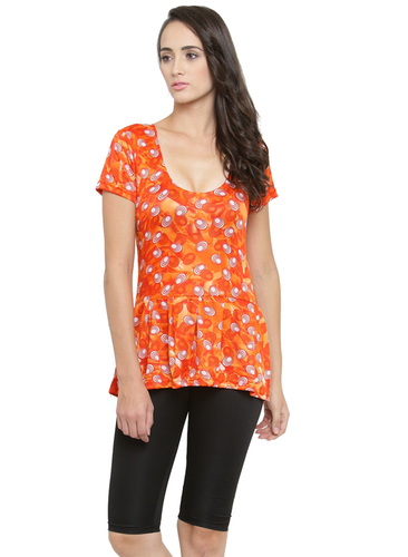 Orange Women'S Frock Style Printed Half Sleeves & Shorts Swimsuit