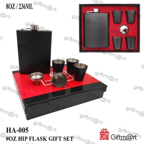8 Oz Hip Flask Gift Set with 4 Glass Set