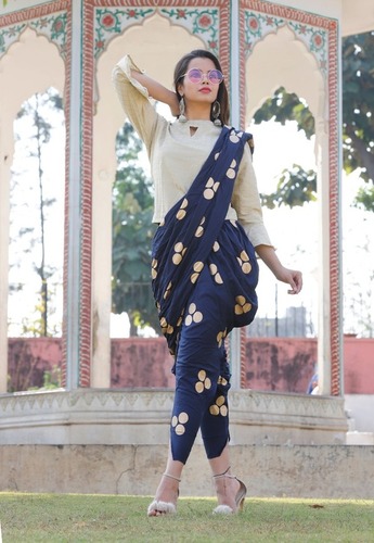 Rayon White Kurti And Blue Round Gold Printed Dhoti Set