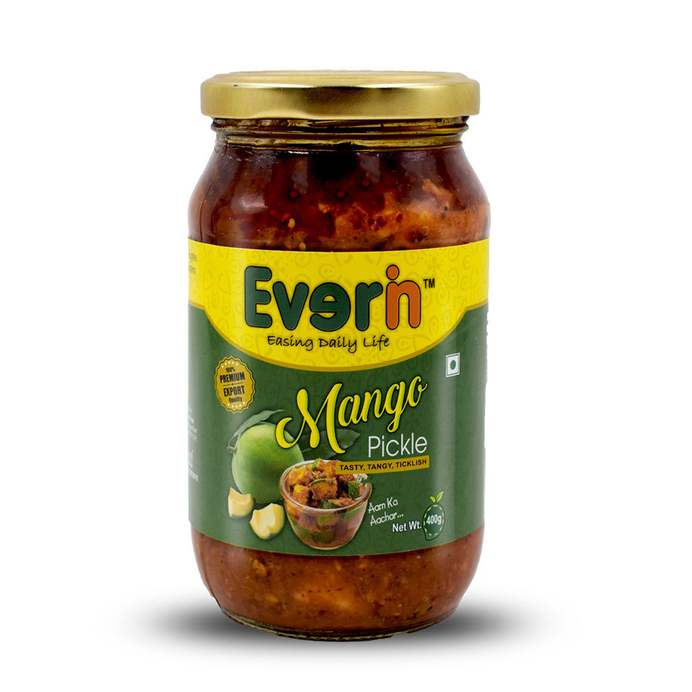 400 Gram Mango Pickle - Glass Jar, 70MM x 130MM, Spicy Flavor with Mustard Oil, Contains Mango, Block Shape, Salty & Sour Taste