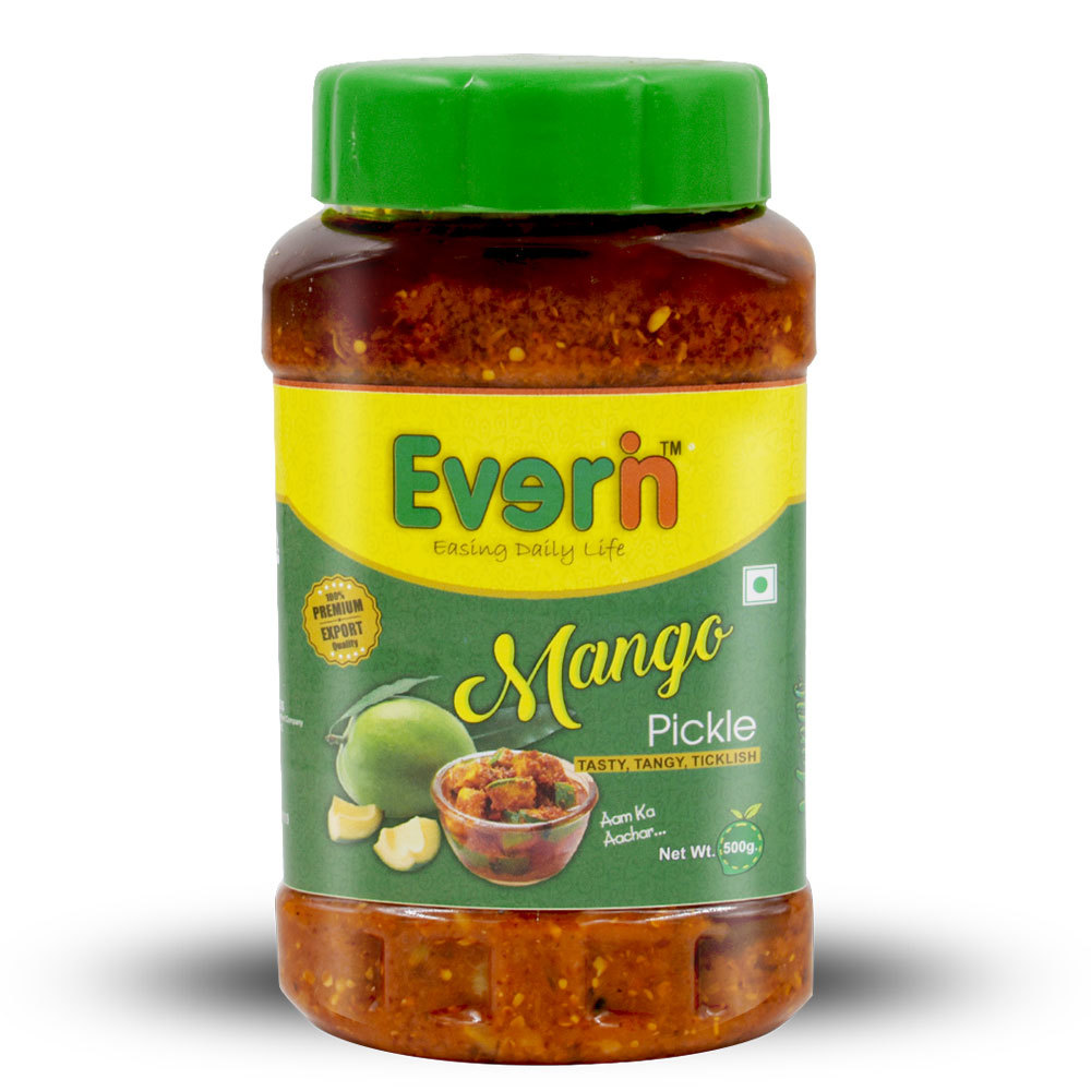 500 Gram Mango Pickle - PET Bottle Packaging, 500 Gms, 24 Units Per Carton | Salty, Sour, Spicy Flavor, Whole Pieces of Mango