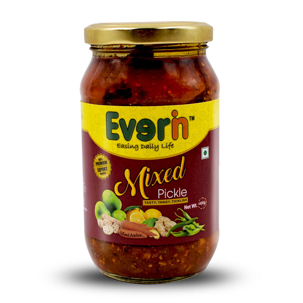 400 Gram Mixed Pickle - Glass Jar, Spicy Flavor, Shelf Life 18 Months | Ingredients: Mixed Spices, Shape: Piece, Type: Vinegar Preserved