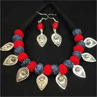 Oxidize Metal Leaf And Multi Colored Cotton Ball Necklace Set