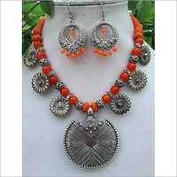 Oxidised Beads And Flower Necklace Set