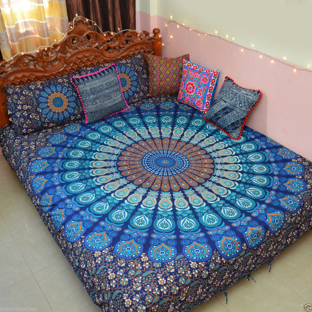 Indian Mandala Blue Shine Flower Cotton Duvet Cover