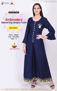 Blue Rayon Embroidery Designer Winter Wear Kurtis