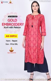 Rayon Gold Embroidery Red Kurti Wirh Blue Palazzo - Party Wear Kurti Palazzo Set At Low Price Decoration Material: Laces