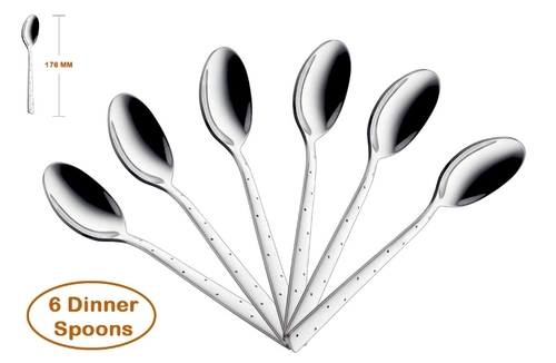 Shapes White Dot Dinner Spoon 6 Pcs - Stainless Steel, Mirror Finish, Silver Color | Durable Design with Thick Stems and Soft-Curved Edges