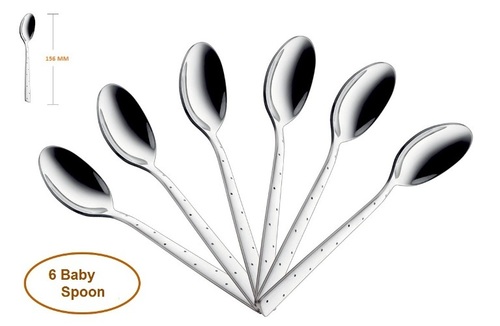 Shapes White Dot Baby Spoon 6 Pcs - Stainless Steel, 6 Pcs Set, Silver Color, Mirror Finish | Safe, Durable Design with Thick Stems and Soft-Curved Edges