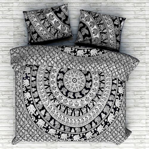 Indian Mandala Cotton Black Elephant Duvet Cover