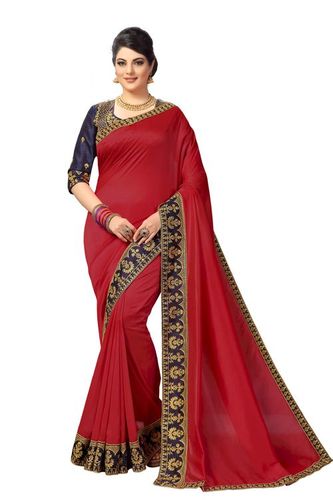 Red Embroidered Satin Silk Saree Collection