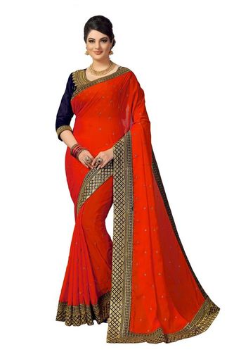 Yellow Solid Embellished Satin Silk Saree