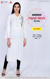 White Rayon Slub Hand Work Designer Kurtis In 4 Colors