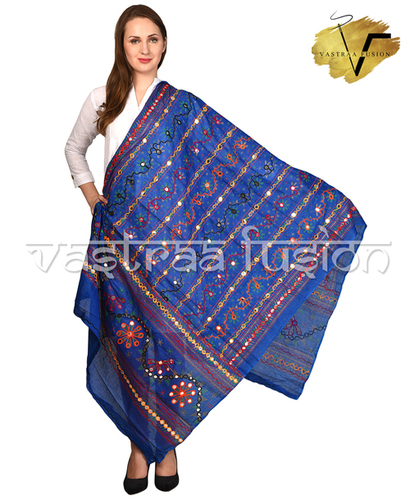 Ladies Embroidered Line Pattern Dupatta - Cotton, 2.50 Meter Length, Multi Color with Aari Work | Hand Embroidered Taping Border, Washable Design