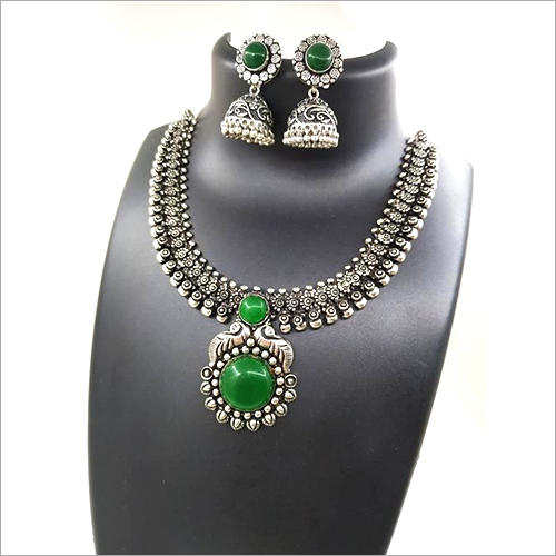 Green Stone Necklace Set - Metal, Standard Size | High Purity Green Stone, Eye-Catching Design, Perfect for Engagement, Wedding, and Party