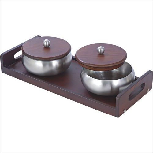 Stainless Steel And Wooden Savvy Tray Set