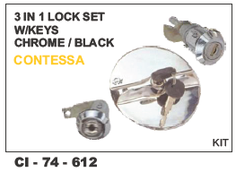 3 in 1 Lock Set w/Keys Chrome/Black CONTESSA - Vehicle Lock Set for 4 Wheelers | Warranty Included, Versatile 3 in 1 Functionality