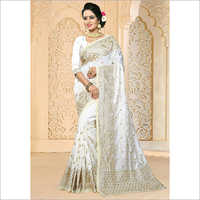 Seda blanca Saree del arte de Zoya del trabajo del bordado del color