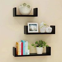 Wood Floating Shelves Set Of 3 With Modern U Shape And Durable Design, Simple Hanging Black (black)