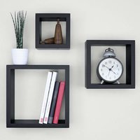 Wood Square Cube Floating Wall Shelf, Wall Decor For Living Room Bedroom Hotel Set Of 3, Black