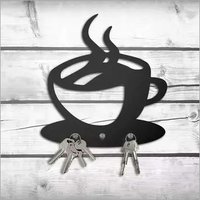 Coffee Cup Shape Metal Key Holder - Recycled Cast Iron, Rustic Brown Design With 3 Sturdy Hooks For Entryway, Hallway, Or Mudroom