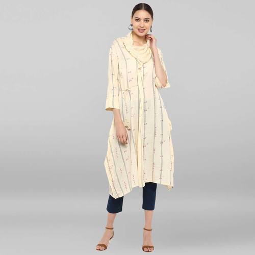 Cream Rayon Flex A-Line Kurta - Calf Length 3/4 Sleeve Cowl Neck | Casual Printed Design for Ladies Suitable for All Seasons