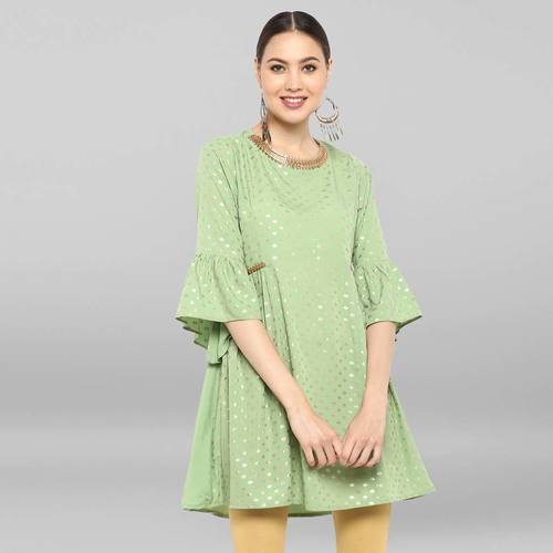 Light Green Poly Crepe A-Line Kurta - Mid Short Flared, Bell Sleeves, Round Neck, Washable and Dry Cleanable for Casual Wear