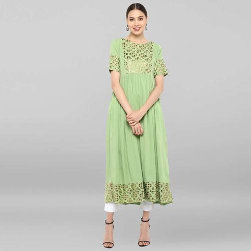 Light Green Poly Crepe Kurta - Ankle Length, Half Sleeve, Round Neck, Flared Design | Ideal for Casual Occasions, Pairs Well with Leggings
