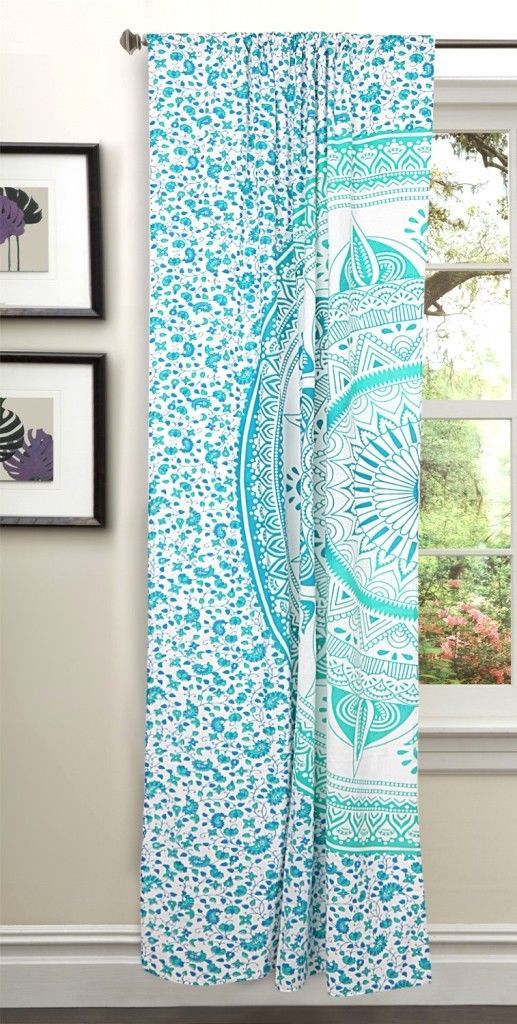 Indian Mandala Green Trishul Ombre Hippie Bohemian Curtain