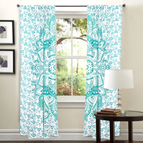 Indian Mandala Green Flower Ombre Hippie Bohemian Curtain