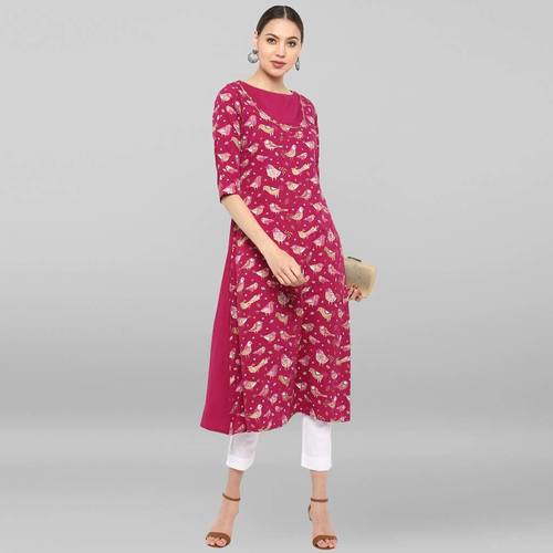 Magenta Poly Crepe Kurta - Calf Length, 3/4 Sleeve, A-Line Design | Washable, Dry Clean Only, Casual Wear for Ladies