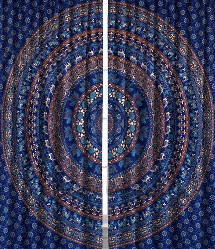 Indian Mandala Blue Cotton Ombre Hippie Bohemian Curtain