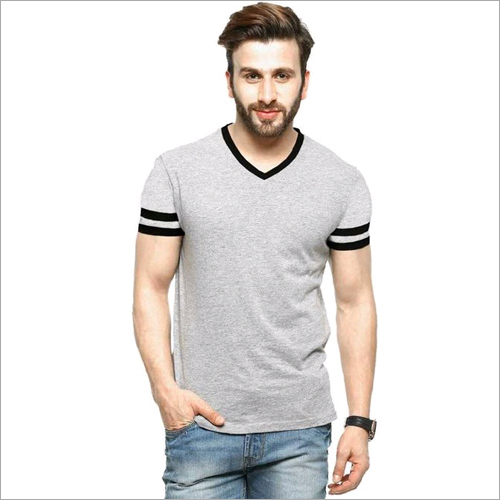 V Neck T-shirt - Striped Pattern, Cotton Blend Material , Available in Multiple Sizes (Customized, L, XL) for Men