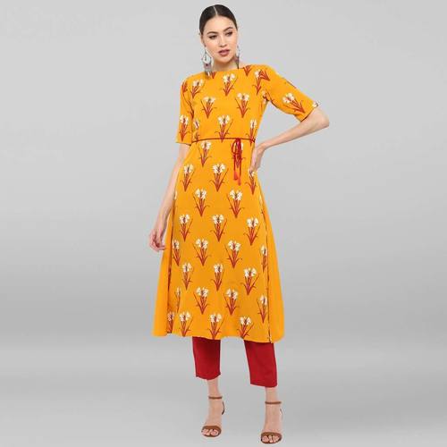 Mustard Poly Crepe Kurta - Calf Length, Half Sleeve A-Line Style | Suitable for Casual Occasions, Washable with Matching Leggings