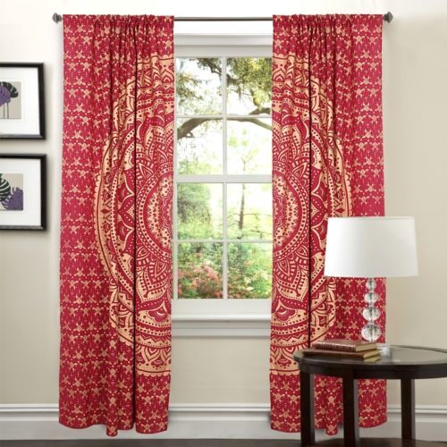 Indian Mandala Red Dye Gold Ombre Hippie Bohemian Curtain