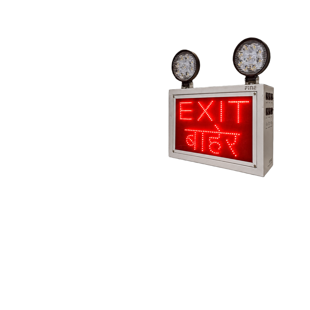 Industrial Emergency Exit Light - Fabricated Sheet Metal, 350x285x90 mm | IP33 Rated, Cool White LED, Day/Night Sensor, 55W Halogen, 1A Fuse, 12V 7AH VRLA Battery, 1 Meter Mains Cord, Dimmable