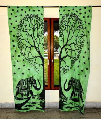 Indian Mandala Green Tree Elephant Ombre Hippie Bohemian Curtain