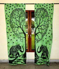 Indian Mandala Green Tree Elephant Ombre Hippie Bohemian Curtain