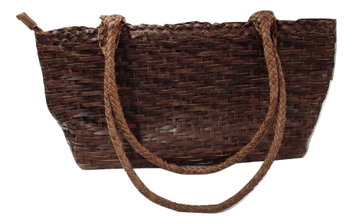 Brown Genuine Leather Weaved Hand Bag