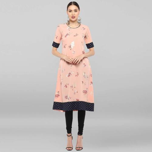Peach Poly Crepe Kurta - Half Sleeve, A-Line, Calf Length | Casual, Washable, Suitable for All Seasons