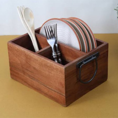 Wooden Utensil Container - Wood, 10x12x8 Inches, Brown | 3 Compartments, Metal Handles, Organized Storage