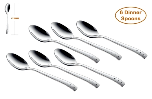 Shapes Triple Dot Dinner Spoon 6 Pcs - Stainless Steel, 17.5 cm Length, Silver Color, Mirror Finish | Durable Design with Soft-Curved Edges