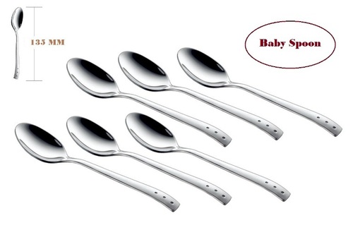 Shapes Triple Dot Baby Spoon 6 Pcs - Stainless Steel, Silver Color, Mirror Finish | Dazzling Design with Thick Stems and Soft-Curved Edges