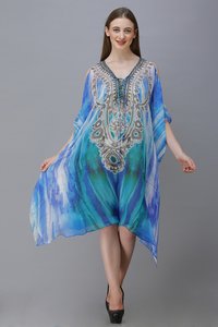 Short Kaftan - Printed Crepe Fabric, All Sizes (50x180/100x180) | Multi-seasonal, Full Sleeves, Trendy Design With Bead Decoration