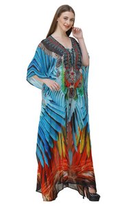 Digital Printed Long Kaftan With Crystal Embellishments - Silk/cotton Blend, Customized Sizes, Multi-color Patterns, Full Sleeves, All Season Wear
