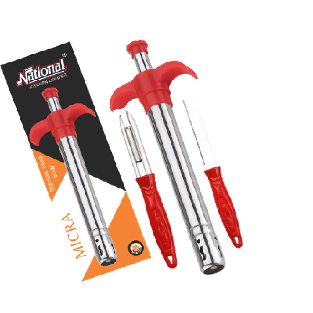 Micra Gas Lighter With SS Knife and Peeler - Stainless Steel, Standard Size, Multiple Colors | Durable Metal, Includes ABS Plastic Peeler