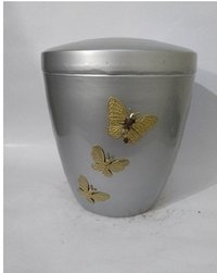 Silver Pewter Iron Urn With Three Gold Butterfly