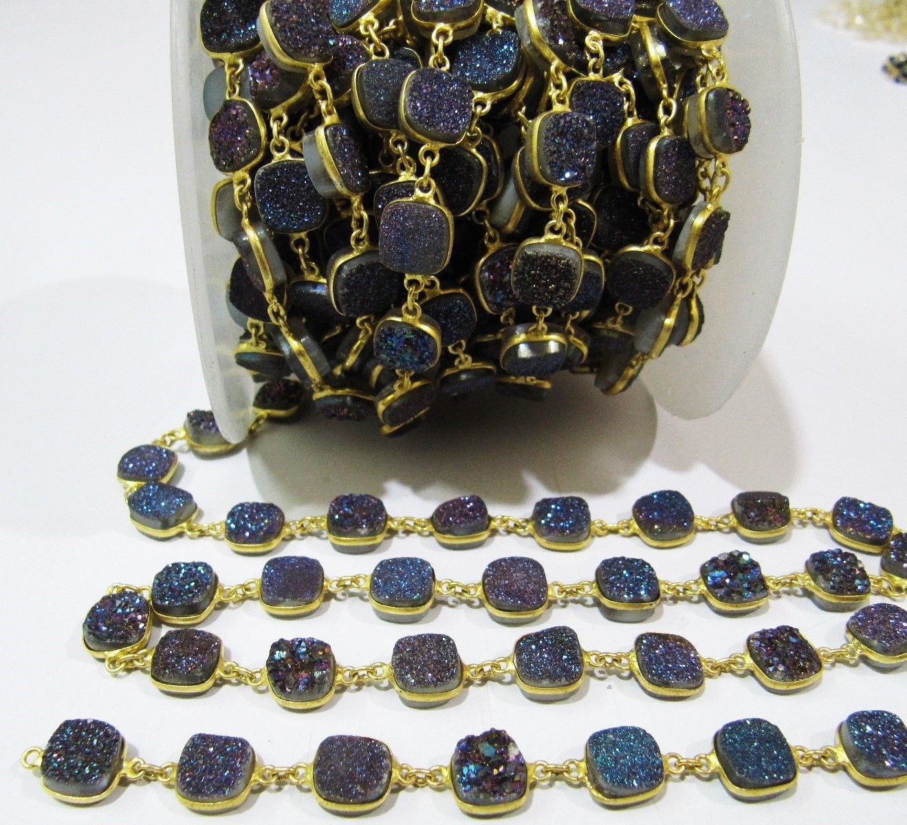 Natural Druzy Cushion Shape Connector Chain , 10mm , Sold Per Foot