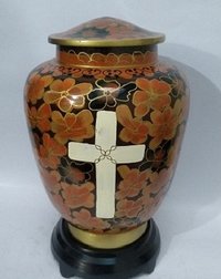 Cloisonne Vase Cremation Urn - Metal Brass, Size 10" Dia X 7" Base X 4.25", Red & Black Finish, Handmade Religious Design With Cross